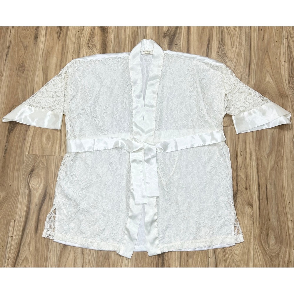 VTG 90s Victoria's Secret Robe Women OS Cream Lace Satin‎ Belted Mini Gold Label